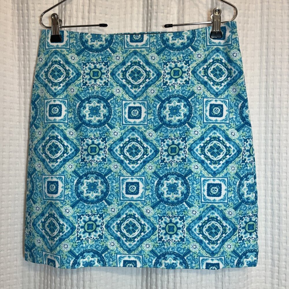 Talbots Straight Skirt Women's 6 P Turquoise Print Zip Cotton Blend Lined X12